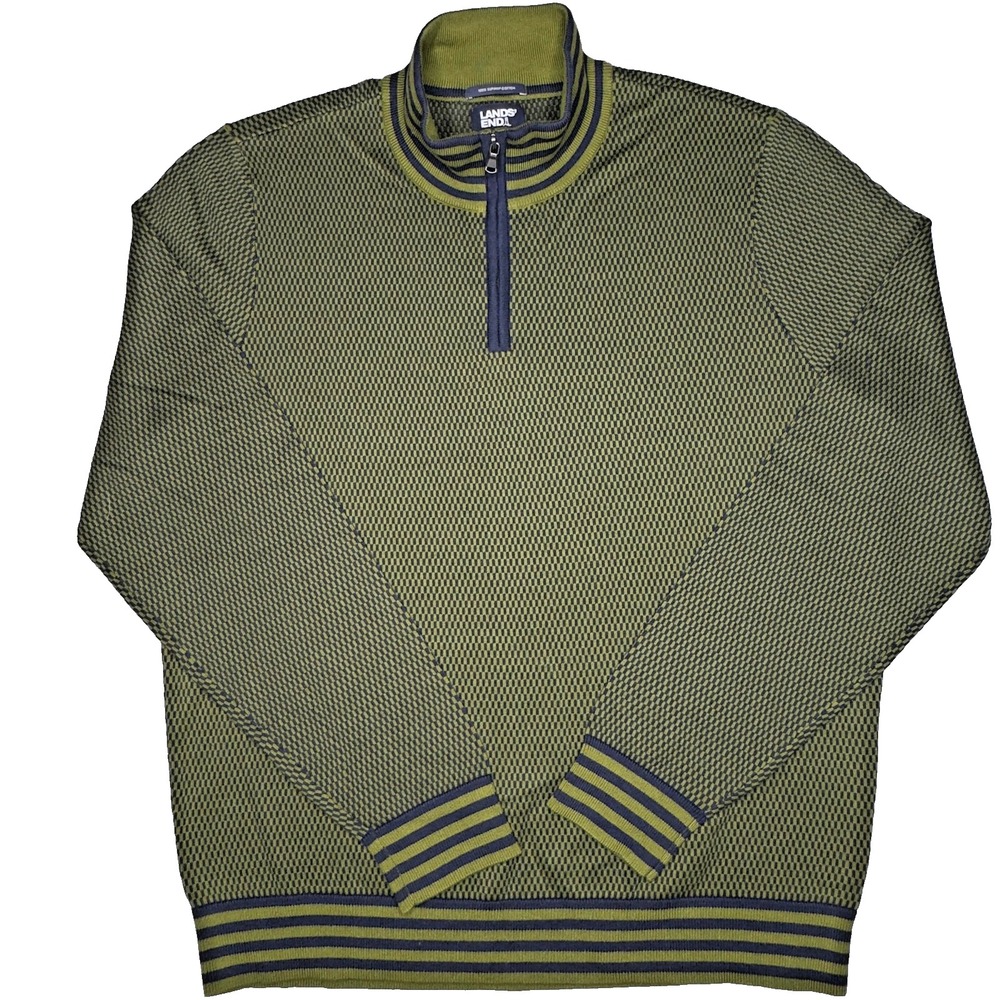 Lands End Sweater Mens Sz L Tall 100% Supima Cotton Quarter Zip Olive Green Navy